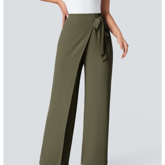 Halara High Waisted Tie Side Invisible Zipper Wide Leg Work Pants Sz Large Green - Picture 6 of 15